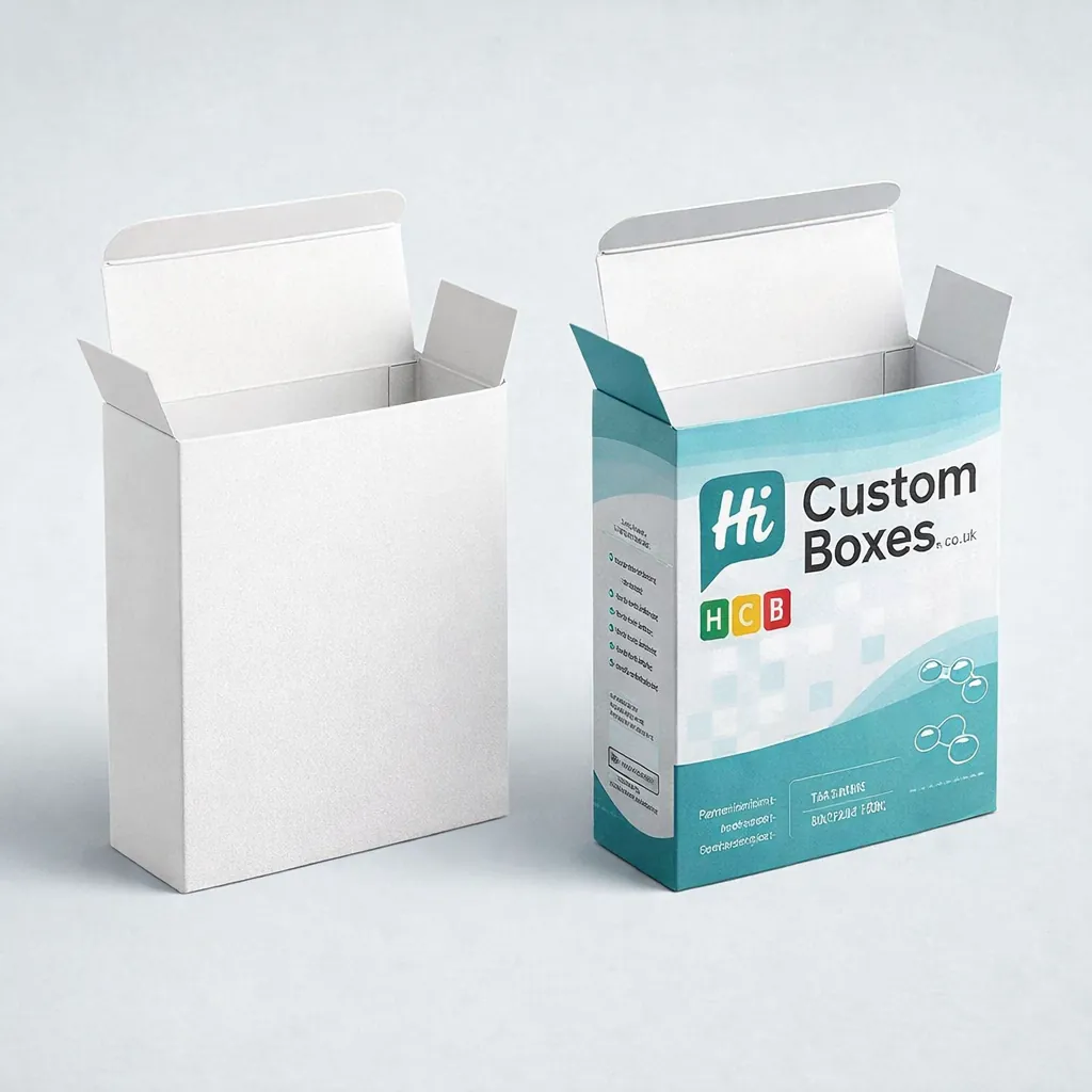 Two upright medicine cartons with open top flaps, showing one plain white and one branded teal. class=